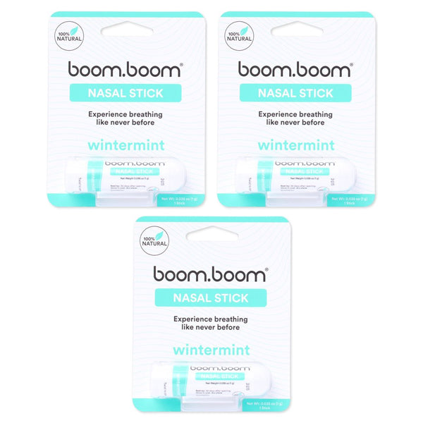 The BoomBoom 3 Pack Daily-Use Nasal Stick Wintermint 1g features white tubes labeled as 100% natural, blending essential oils to support focus and invigorate nasal breathing.